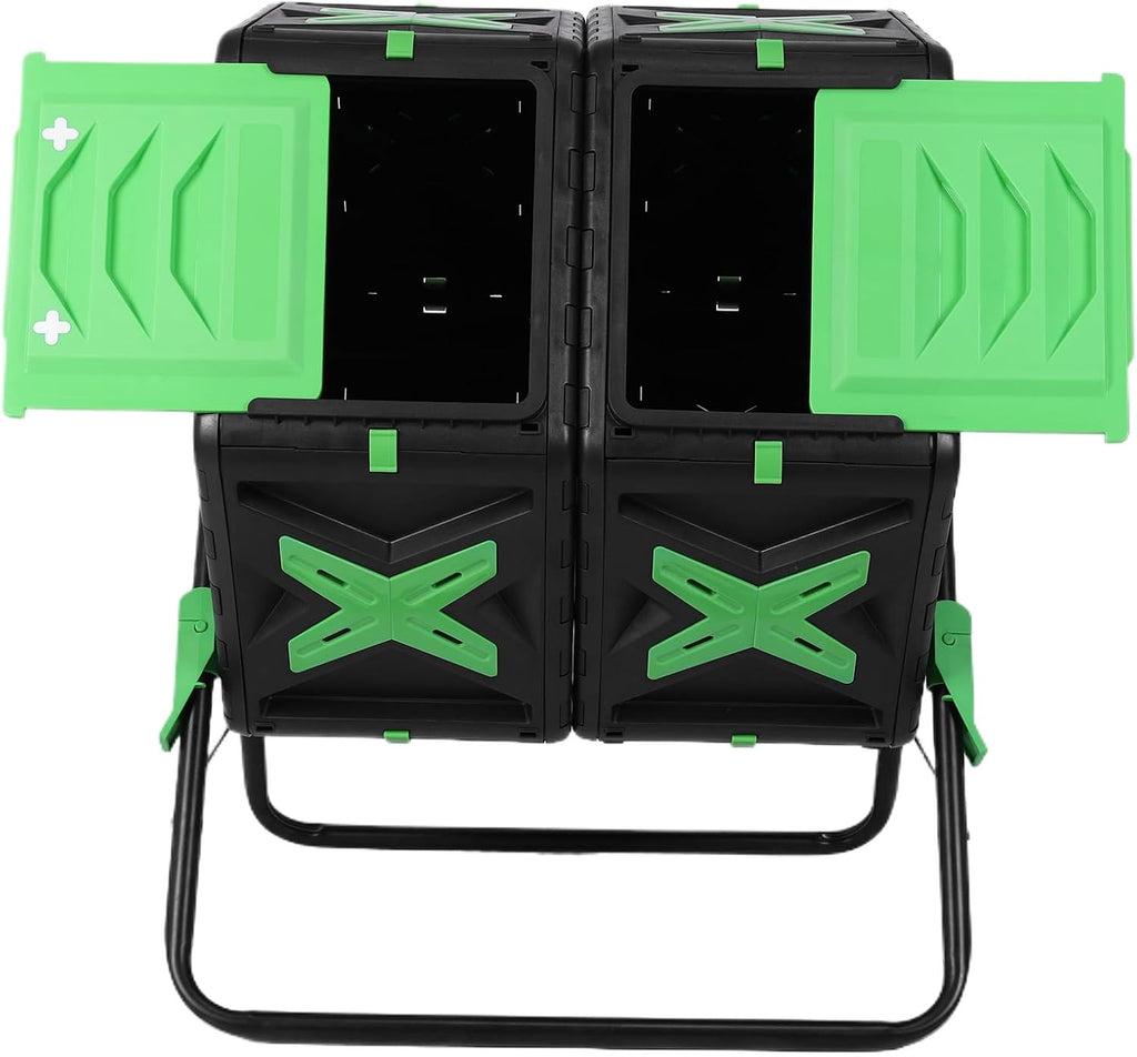 140L Dual Chamber Efficient Outdoor Compost Bin with Sliding Door | 360 Degree Rotating Large Composter Easy Setup