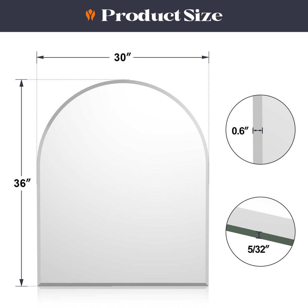 Frameless Bathroom Mirror, 30" x 36" Arched Vanity Mirror for wall Beveled, Arch Wall Mounted Mirror for Over Sink