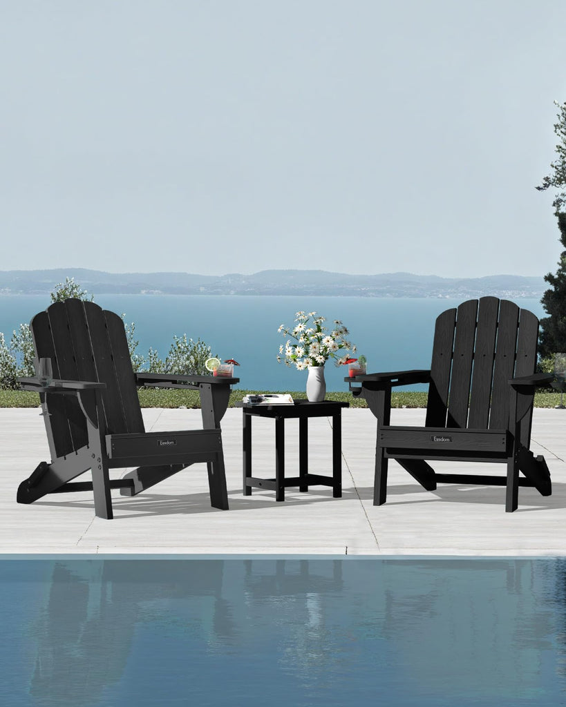 Folding Adirondack Chair, All-Weather HDPE Plastic Patio Chair with 2 Cup Holders, Wooden Textured Lawn Chair