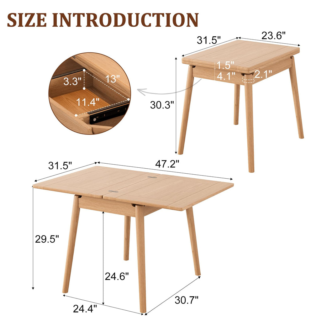 Solid Wood Small Dining Table, 23.6".2"L Expandable Kitchen Table for 2-6, Designed for Small Spaces, Easy