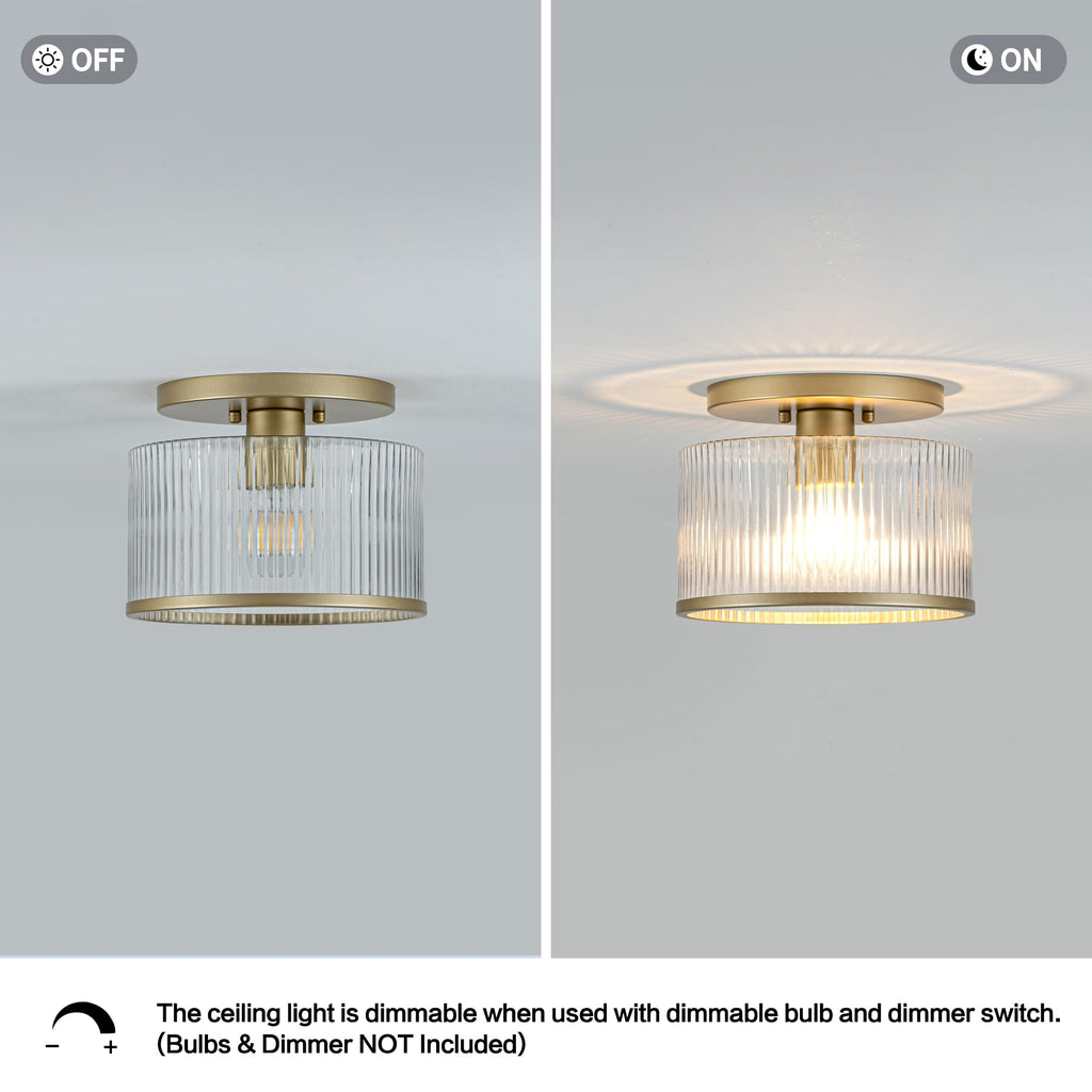Glass Ceiling Light, Clear Ribbed Glass Ceiling Light Fixture with Gold Metal Frame, Modern Semi Flush Mount Ceiling