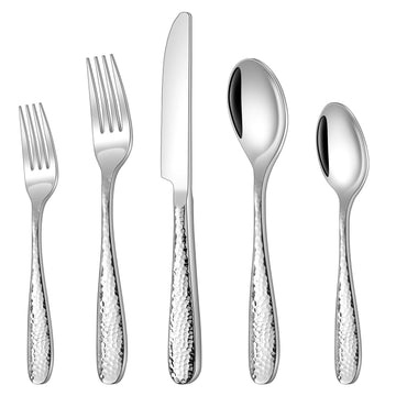 Hammered Silverware Set, Silver 30PCS Flatware Set for 6 Mirror Finish Stainless Steel Eating Utensils Sets Include