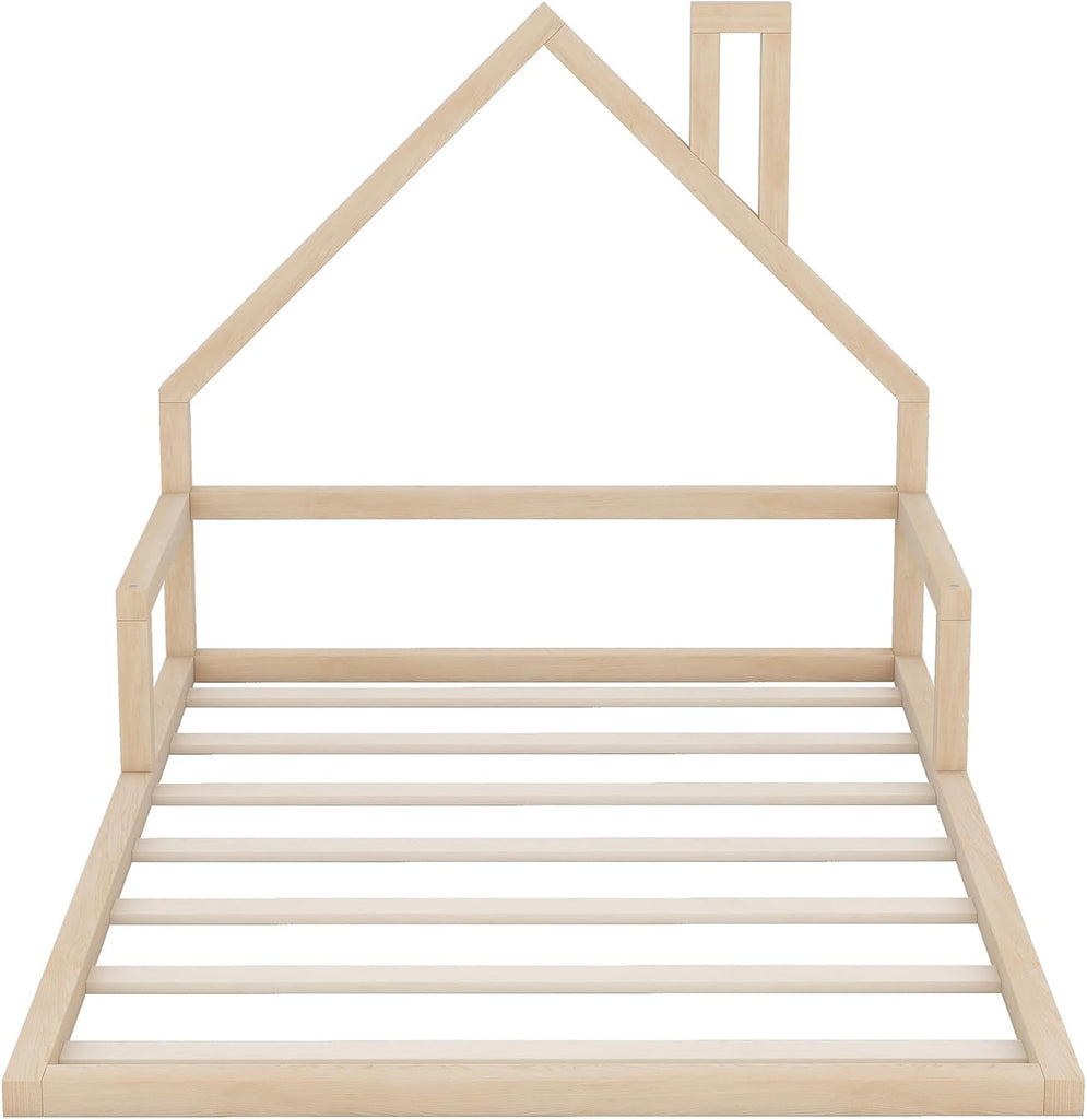 Full Size Wood Floor Bed with House-Shaped Headboard, Wooden Platform Bed Frame, No Box Spring Required