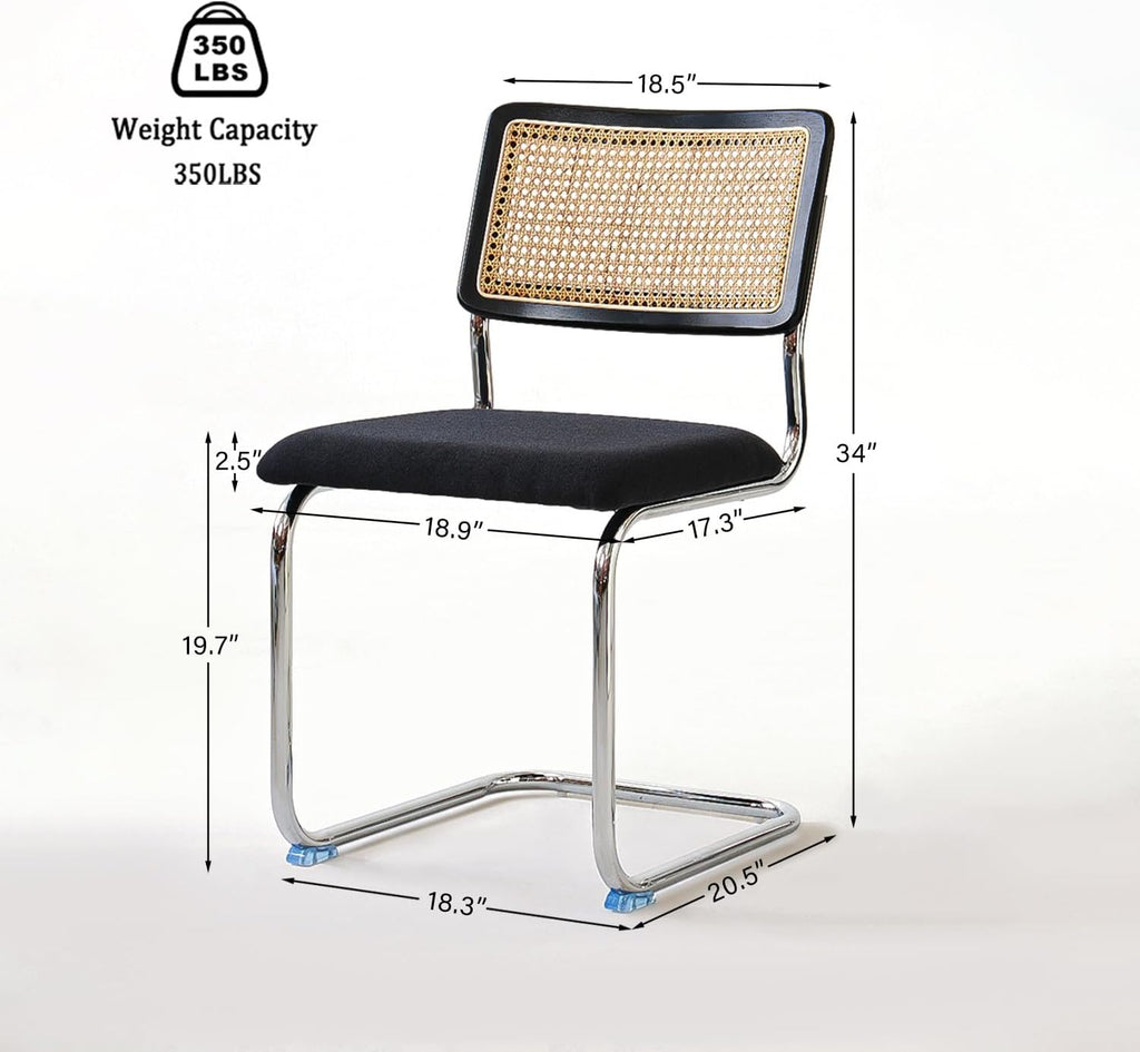 Rattan Dining Chairs Set of 2, Mid-Century Modern Wooden Chairs with Cane Mesh Back and Metal Chrome Legs, Black