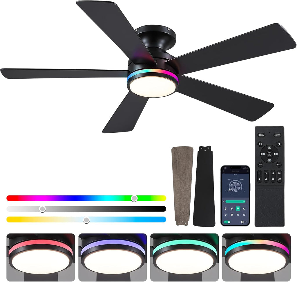46In RGB Ceiling Fans with Lights - Black Flush Mount Ceiling Fan Light with Remote/APP, RGB+3CCT 6 Wind Speeds, Modern Low Profile Fan Light Fixture for Party, Kid's Room A101-B0F1L8ZTL1