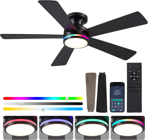 46In RGB Ceiling Fans with Lights - Black Flush Mount Ceiling Fan Light with Remote/APP, RGB+3CCT 6 Wind Speeds, Modern Low Profile Fan Light Fixture for Party, Kid's Room A101-B0F1L8ZTL1