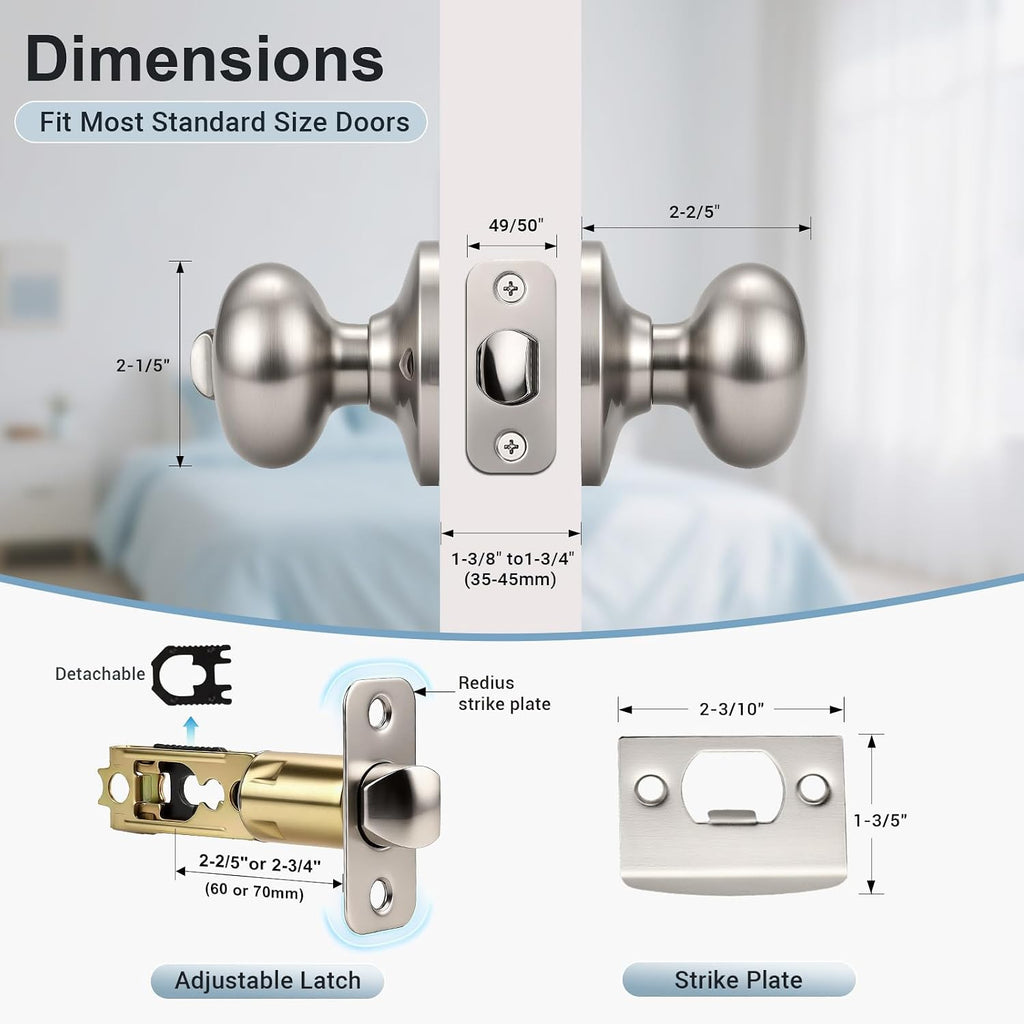 Brushed Nickel Interior Door Knobs, Keyless Privacy Door Knob Bathroom, Stainless Steel Indoor Door Knobset, Flat