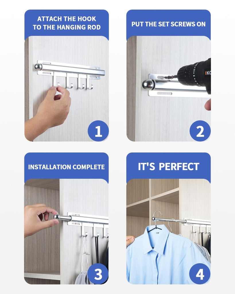 Valet Rod for Closets Pull Out 12" Silver with 4 Hooks