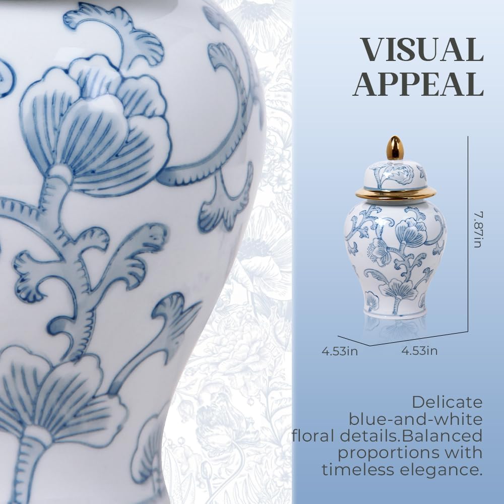 Blue and White Ginger Jar with Hand-Painted Floral Design, Ceramic Decorative Vase with Gold Trim Lid, Chinoiserie