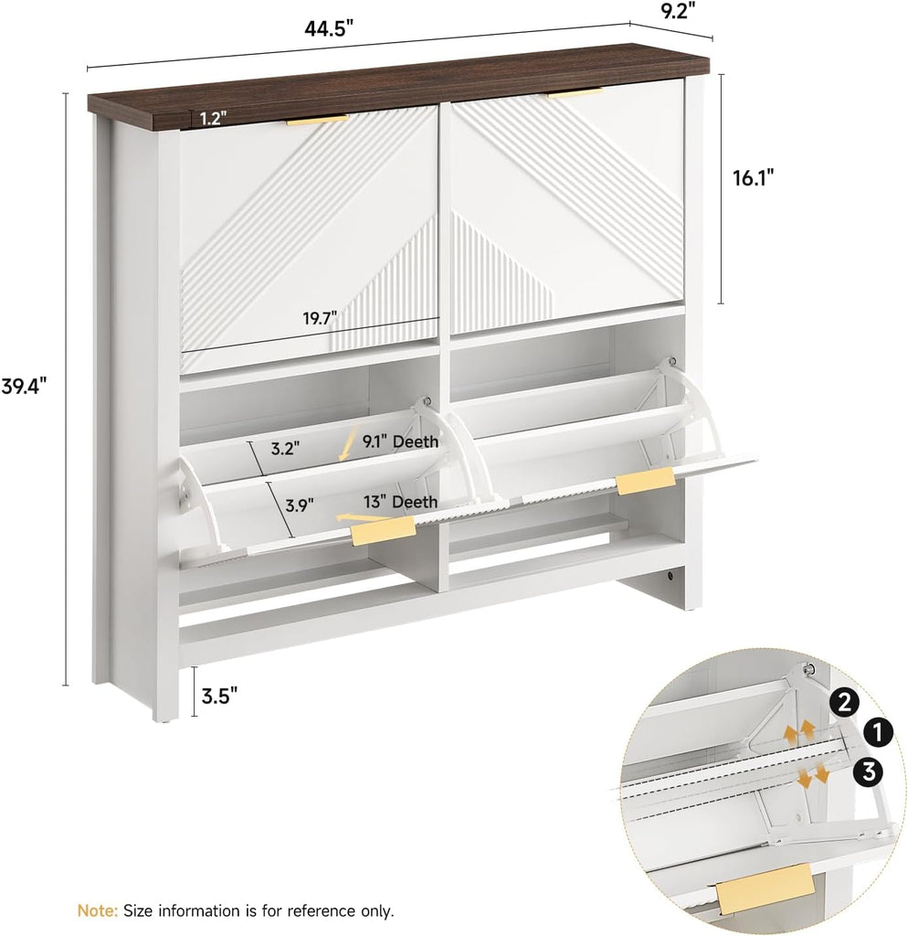 Shoe Cabinet with 4 Flip Drawers & Symmetric Groove Pattern | 44.5''W x 9.2''D x 39.4'' White Fit for 16-24 Pairs of