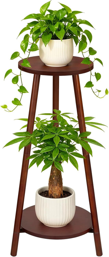 2 Tier Round 12 inch Bamboo Plant Stand Indoor Outdoor,Wood Flower Stand | Mid Century Corner Plant Pot Holder