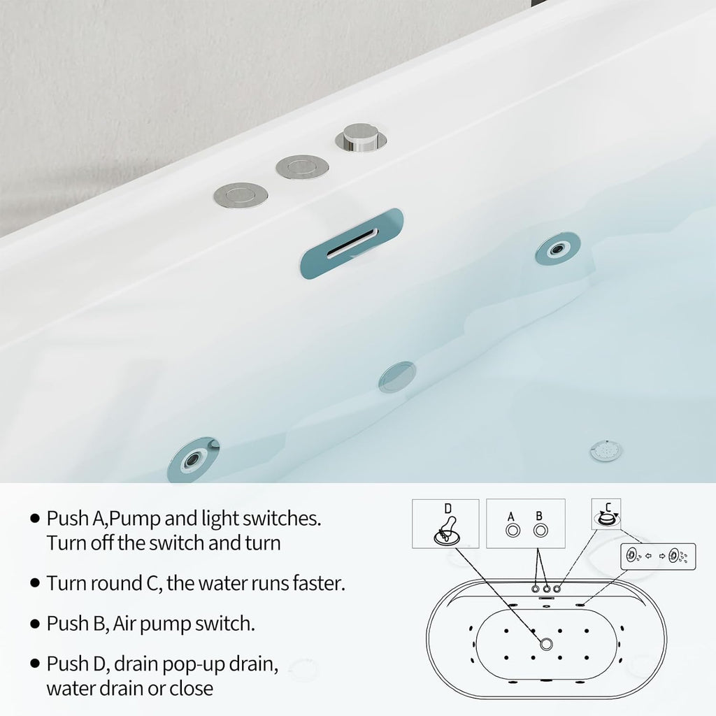 Acrylic Freestanding Bathtub, 71-Inch White Soaking Tub with Air Bubble Jets, Manual Control, Modern Stand-Alone Design