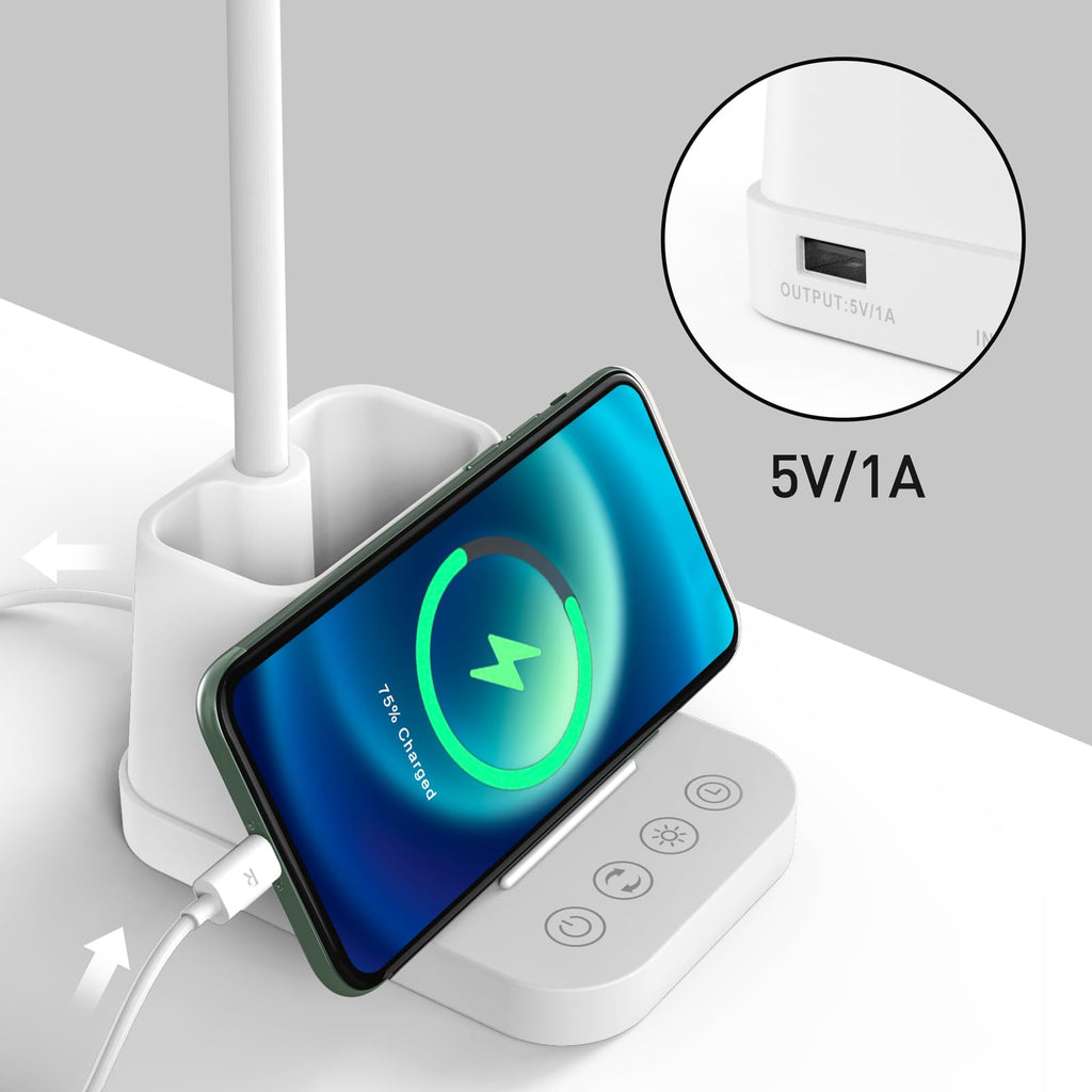 White LED Desk Lamp with USB Charging Port, Study Table Light
