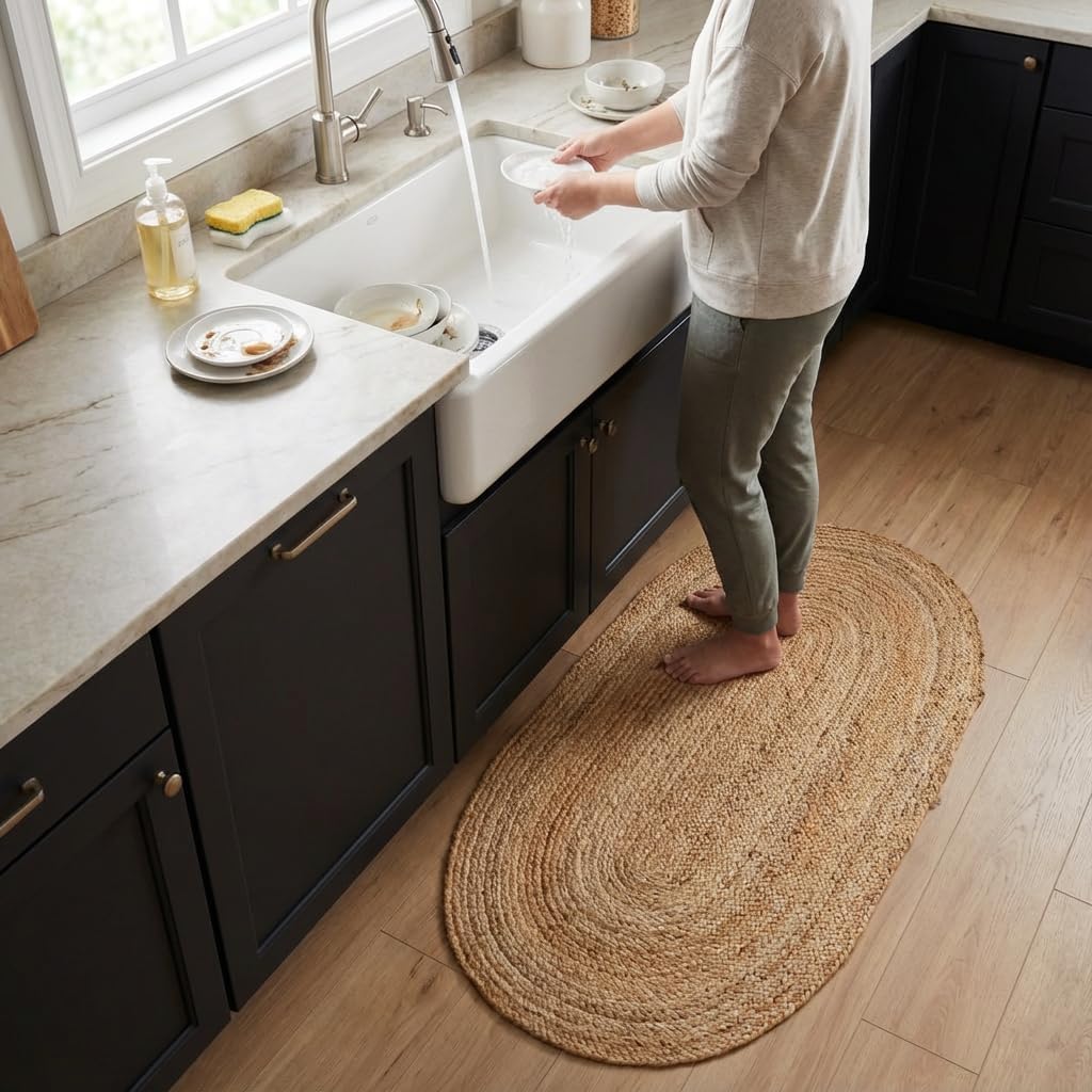 Boho Oval Jute Rug - Reversible Natural Fiber Hearth Carpet- Eco Friendly Floor Covering