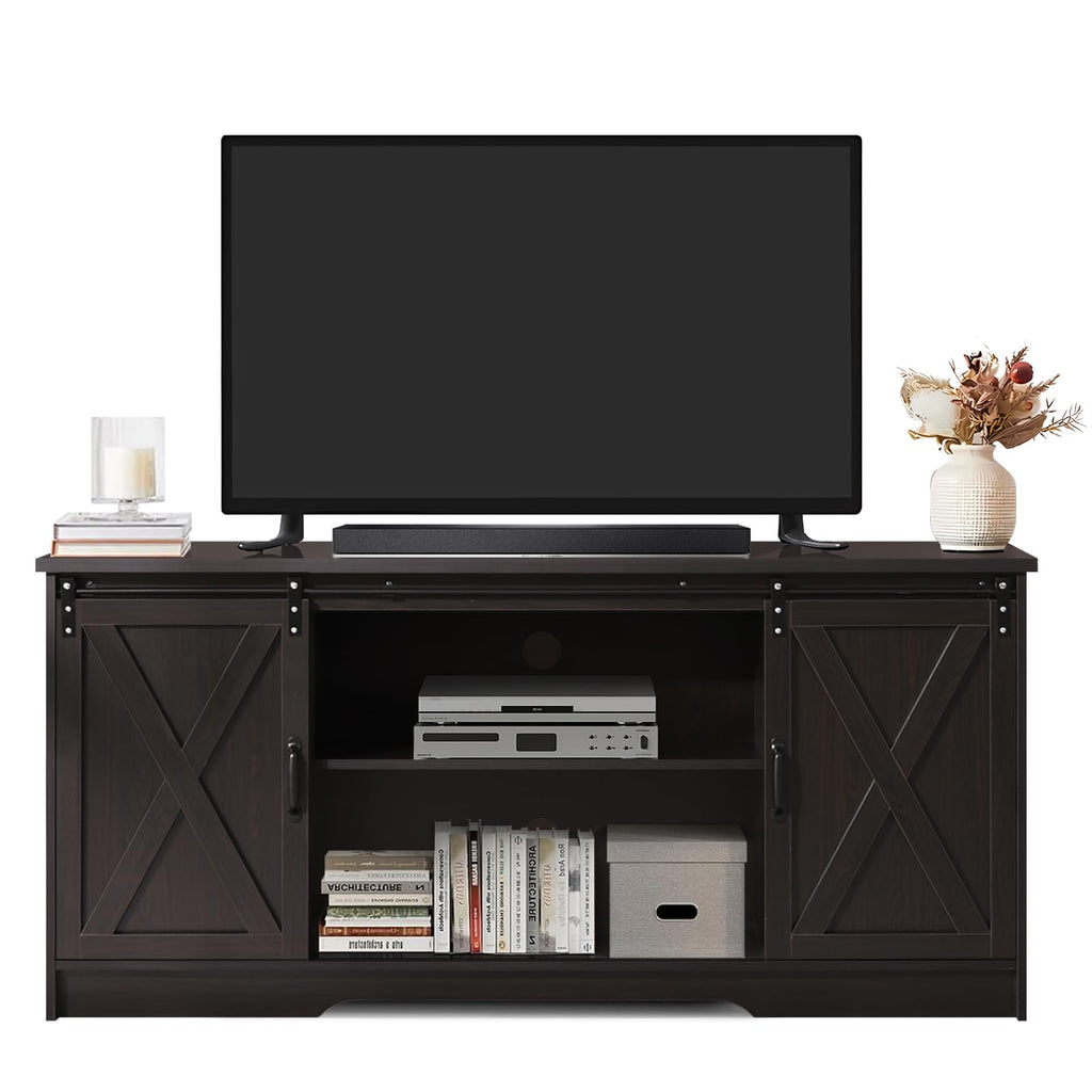 65 Inch TV Stand with Sliding Barn Doors, Espresso Entertainment Center for 65 Inch TV with Storage Cabinet