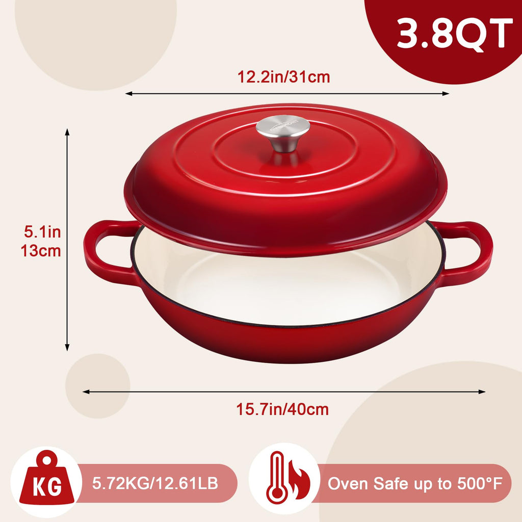 Enameled Cast Iron Dutch Oven - 3.8 QT Shallow Braiser with Recipe