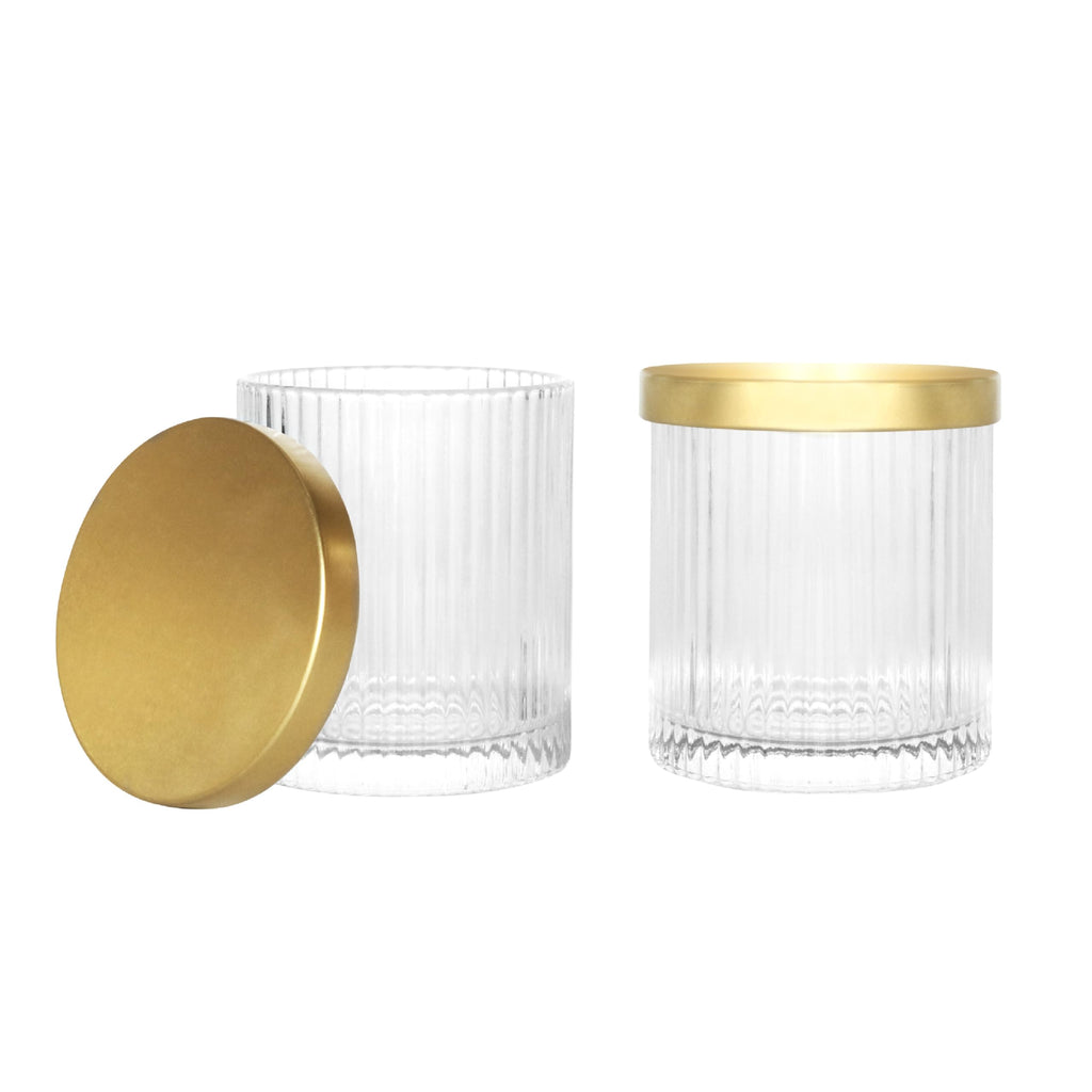 2 Pack Qtip Holder Dispenser with Metal Lids | Ribbed Glass Canister Set Vanity (Gold 2 Pcs)