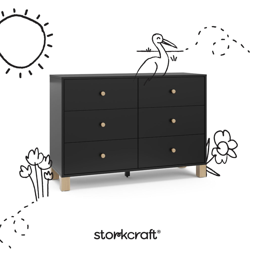California 6-Drawer Double Dresser, Black with Driftwood