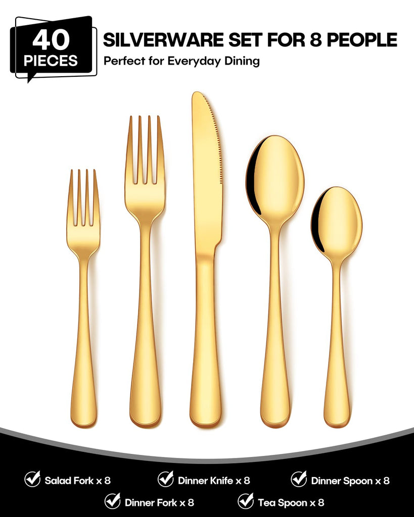 40Pcs Gold Silverware Set, Stainless Steel Flatware Cutlery Set Service for 8, Mirror Polished Gold Utensils Set
