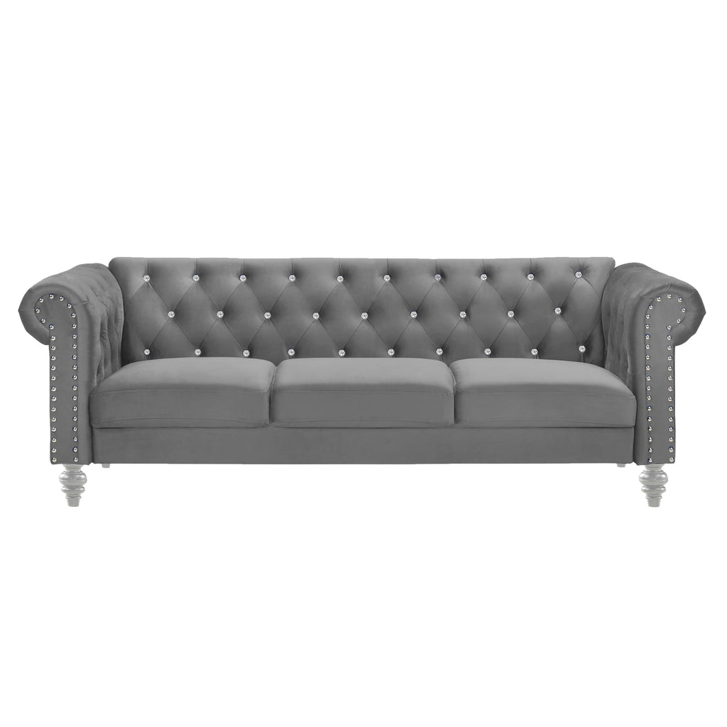 Glam Emma Three Seater Chesterfield Style Sofa for Small Spaces with Crystal Button Tufts, Gray