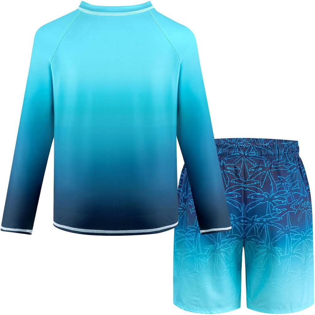 Boys Two Piece Rash Guard Swim Set Toddler Kids Long Sleeve Bathing Suit Swimwear Shirt with Trunks Quick Dry