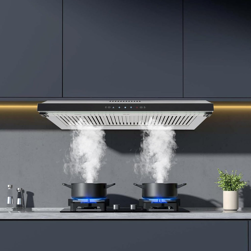 Stainless Steel Under Cabinet Range Hood 1200 CFM 3 Speed Gesture Control, Adjustable LED Lights Ducted