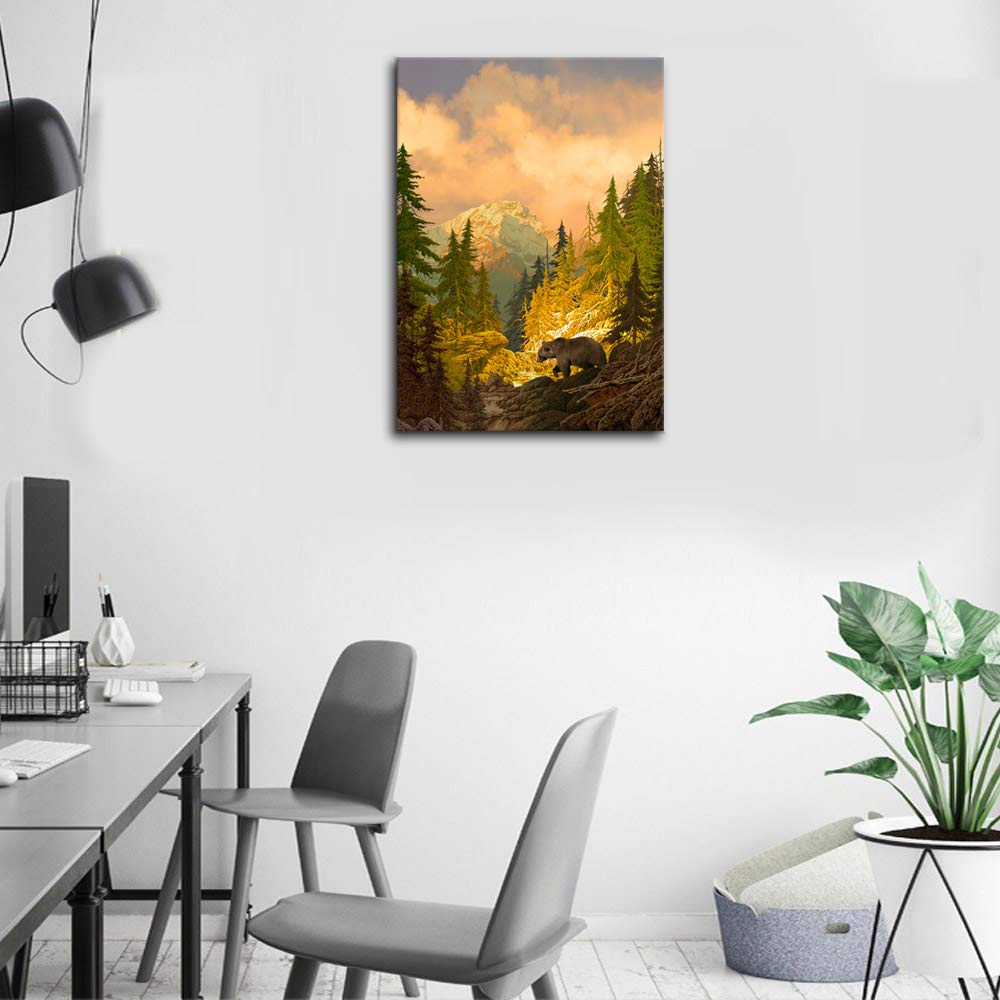 Autumn Mountain Bear Wall Art Nature Canvas Pictures, 20"x28"