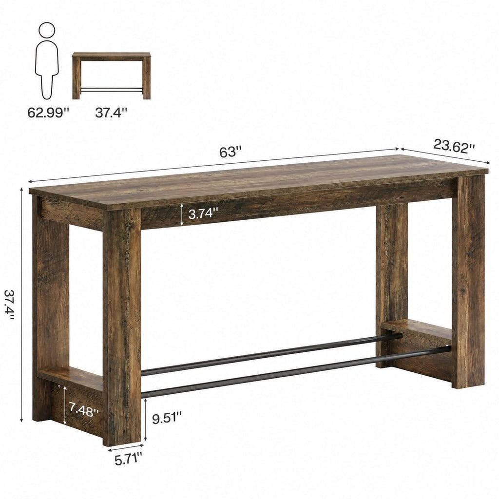 63'' High Top Long Bar Table, 37.4'' Counter Height Pub Table with Metal Footrests, Long Home Bar Unit, Bistro, or