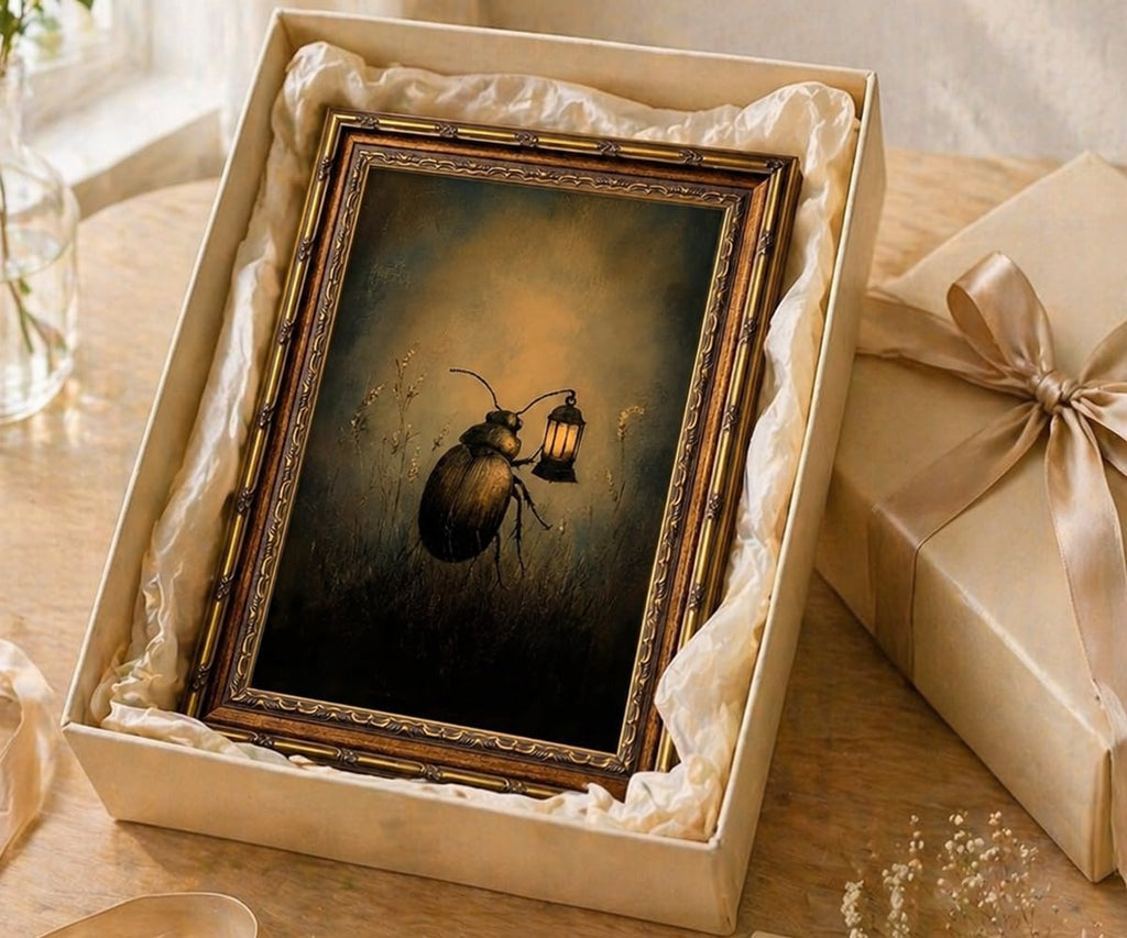 Vintage Gold Framed Wall Art Retro Dark Beetle with Lantern Academia Insect Poster Canvas Print Painting, Farmhouse