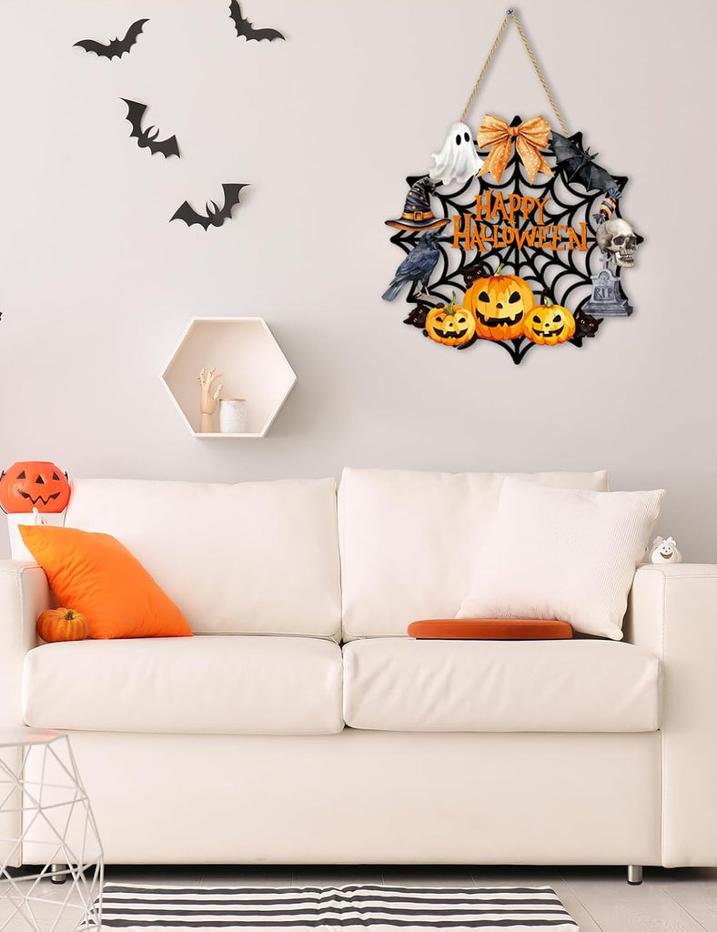 Halloween Wreaths for Front Door Welcome Sign Happy Halloween Wall Decorations Wooden Spider Web Ghost Black Cat