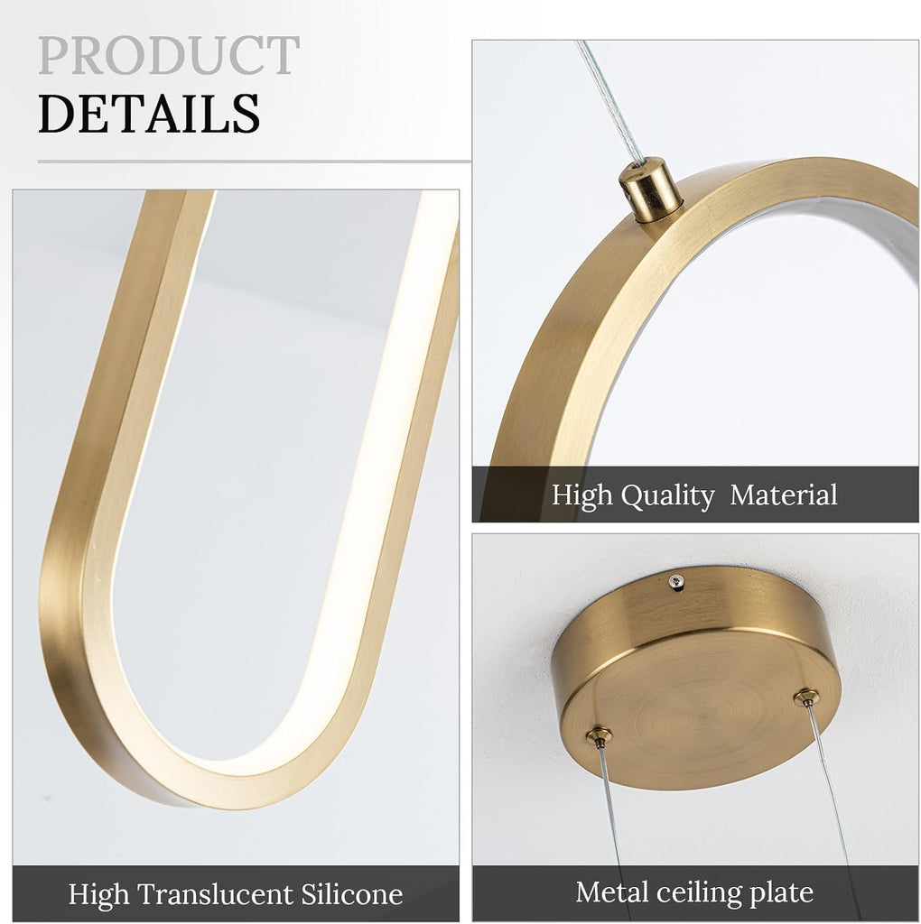 Gold Modern Mini LED Pendant Light with Remote Control, 2 Ring 24W 3-Color Temp Stepless Dimmable Ceiling Hanging