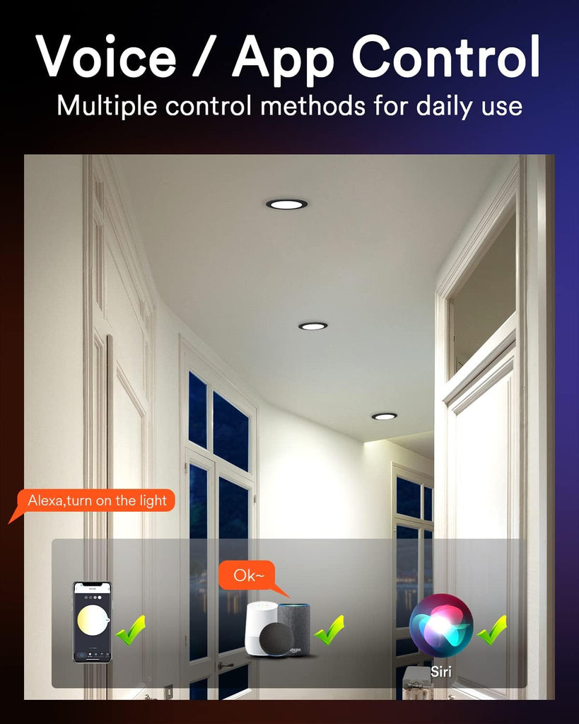 Smart Black Recessed Lights 4 Inch, RGBWW Canless Wafer Downlight 9W
