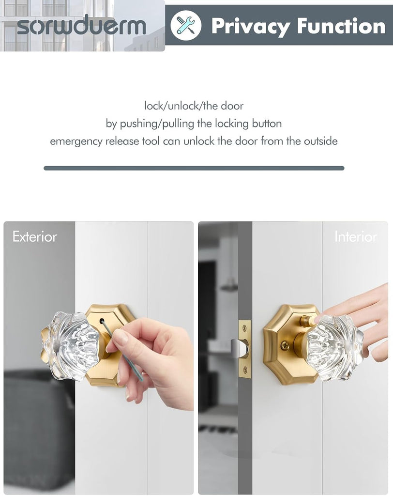2 Pack Glass Door Knobs Gold Door Knob Interior Satin Brass Privacy Brushed Gold Glass Door Knob Crystal Door Knob