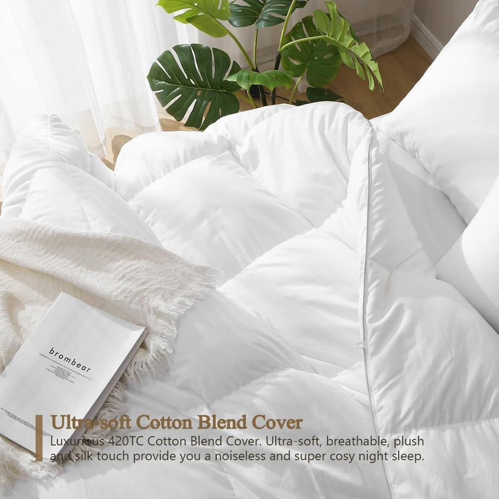 Luxury Oversized Queen Down Feather Fibers Comforter, Soft Cotton Blend Cover, High Fill Power Mediu
