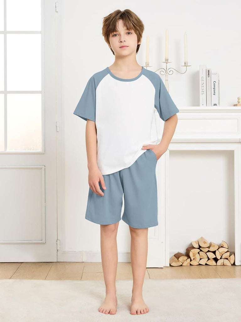 Boys Pajamas Set Two Piece Cotton Sleepwear Kids Short Sleeve Top and Shorts PJS Set with Pockets