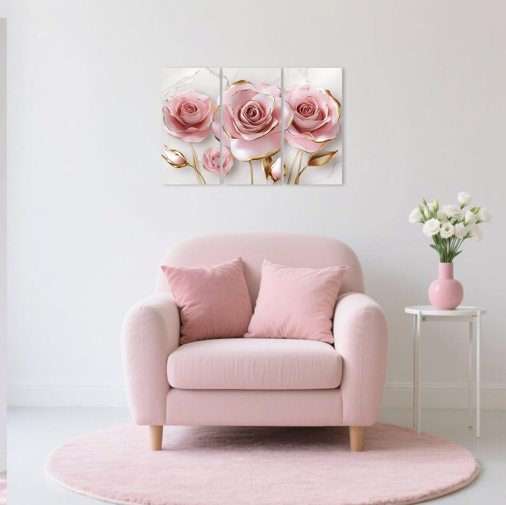 Pink Rose Canvas Wall Art Abstract Pink and Gold Wall Decor 3 Pieces Luxury Floral Painting Floral Marble Picture