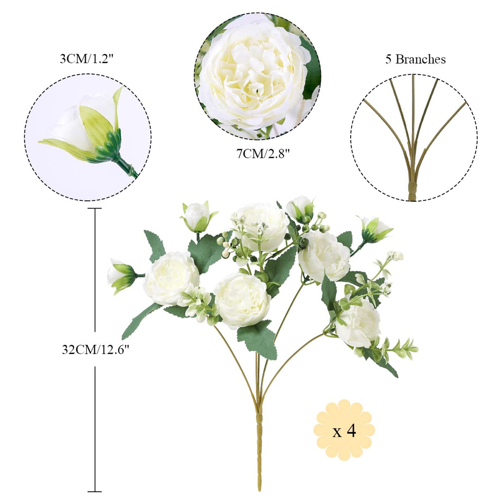 4 Bunches Peony Artificial Flowers White Flowers Silk Peonies Bouquets for Wedding Party Table Centerpieces Floral