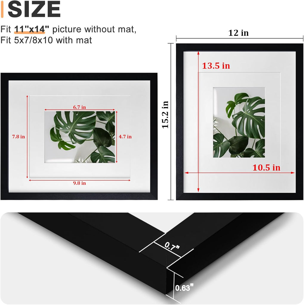 11x14 Picture Frames Set of 4, Made of Solid Wood Covered by Plexiglass 5x7 and 8x10 with Mat or 11x14 without Mat