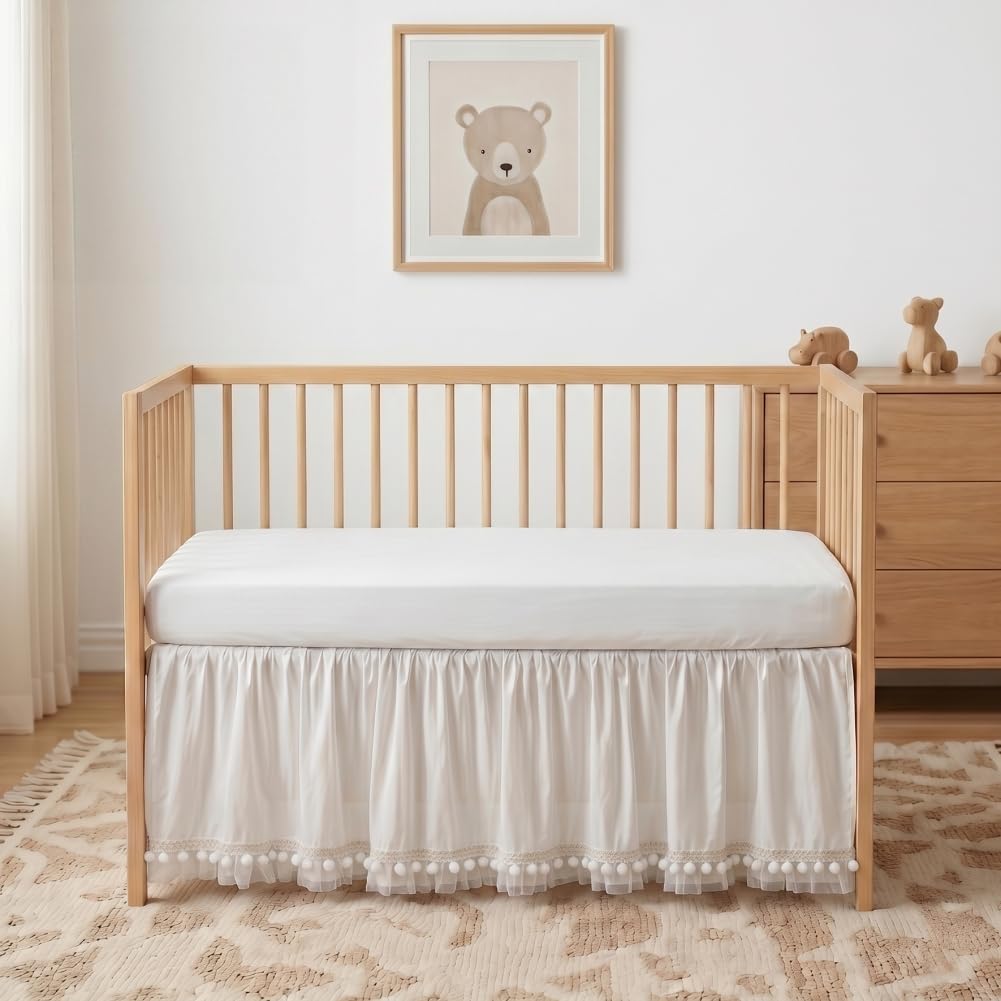 Baby Crib Skirt with Pompoms Pleated Dust Ruffle for Unisex Baby Boys or Girls Soft Breathable Nursery Crib Toddler