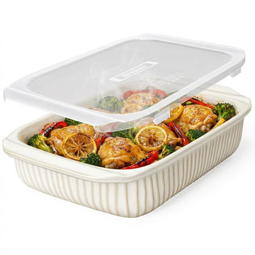 5.1 Qt Ceramic Casserole Dish with Lid, Deep Baking Dish, White