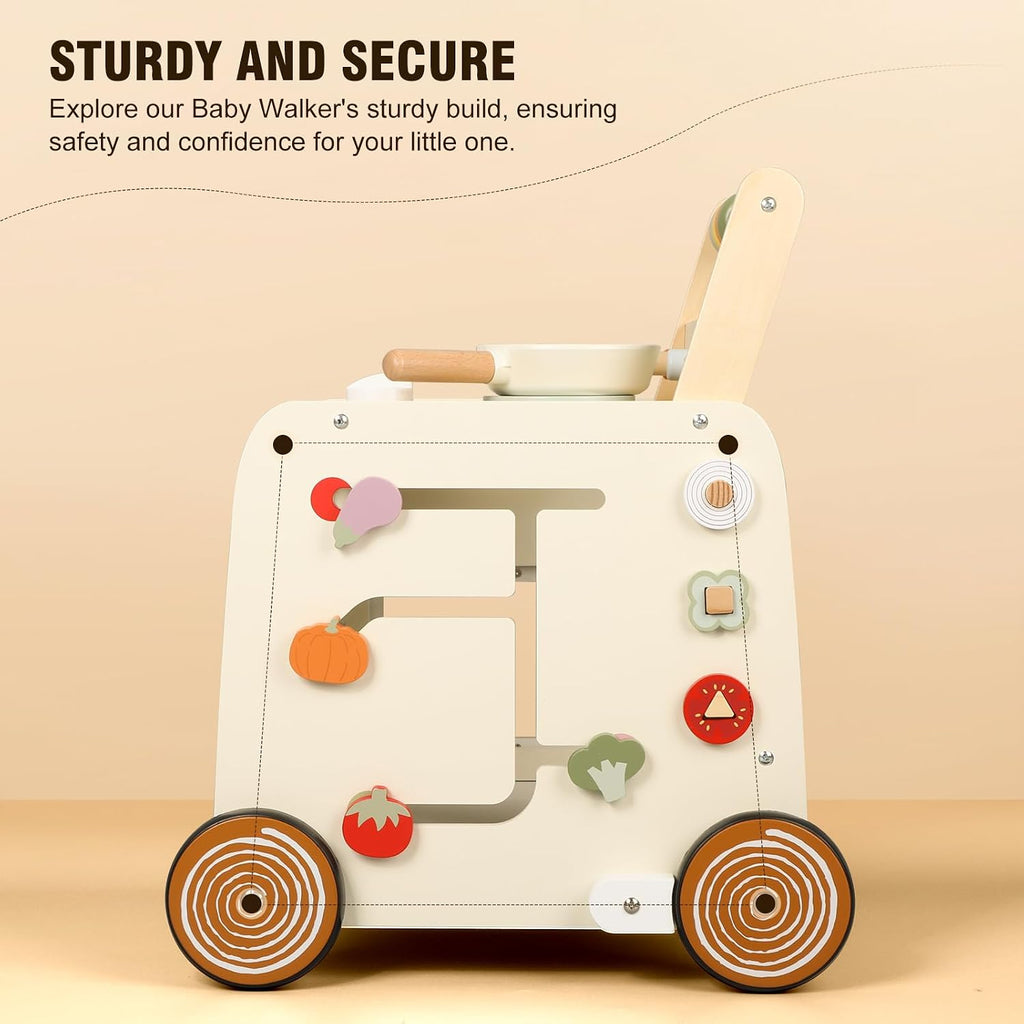 Wooden Baby Walker, in-1 Baby Push Walker, with Pretend Kitchen, Montessori Sensory Activity Center, Push Walker