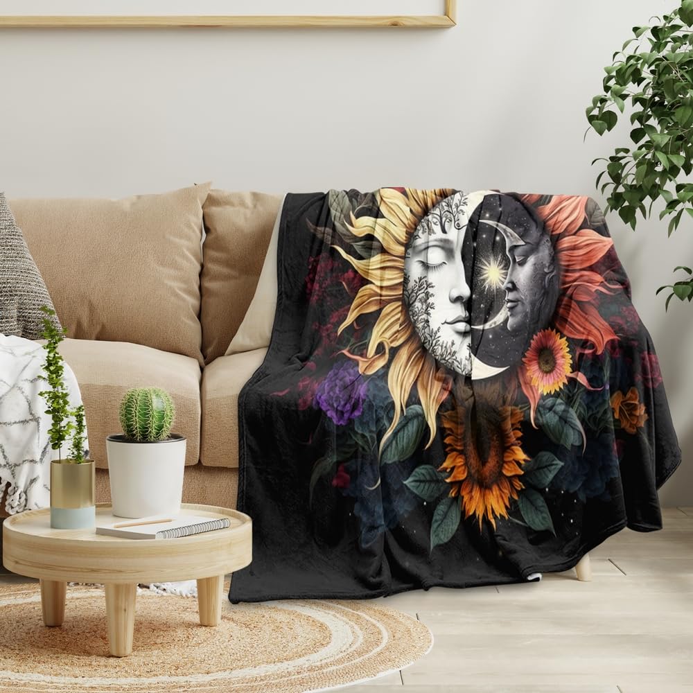 Celestial Sun Moon Flannel Blanket Boho Mid Century Day and Night Throw Blanket Farmhouse Colorfl Sunflower Throw