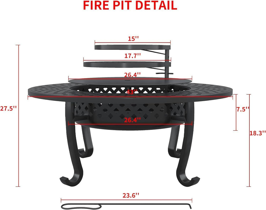 43" Outdoor Fire Pit with 2 Grill, Wood Burning Firepit for Outside with Lid & Fire Poker, Round Metal Table Backyard
