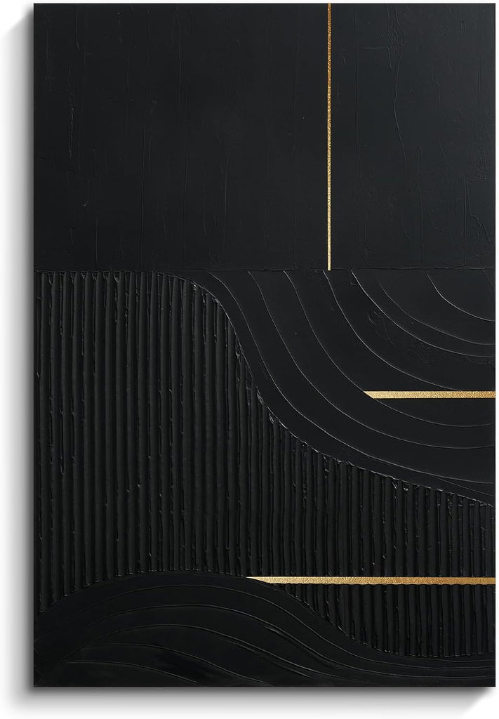 Hand-Painted Black & Gold Abstract Wall Art, Modern Textured Oil Painting | Original Vertical Canvas Artwork Bedroom