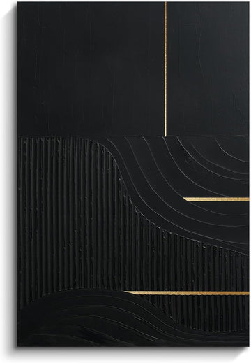 Hand-Painted Black & Gold Abstract Wall Art, Modern Textured Oil Painting | Original Vertical Canvas Artwork Bedroom