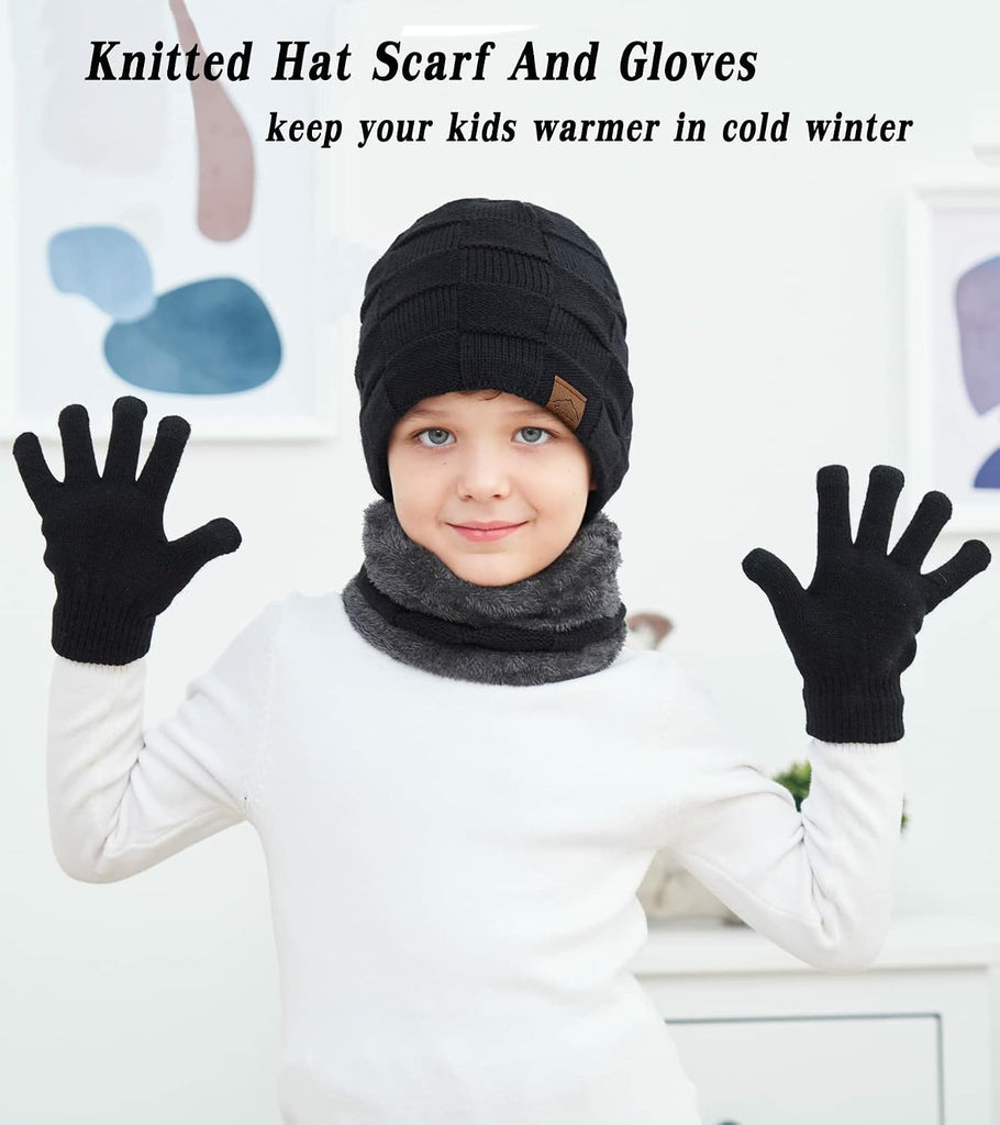 Kids Winter Beanie Hat Scarf Touchscreen Gloves Set for Boys Girls Warm Skull Cap Fleece Lined Knitted Hat
