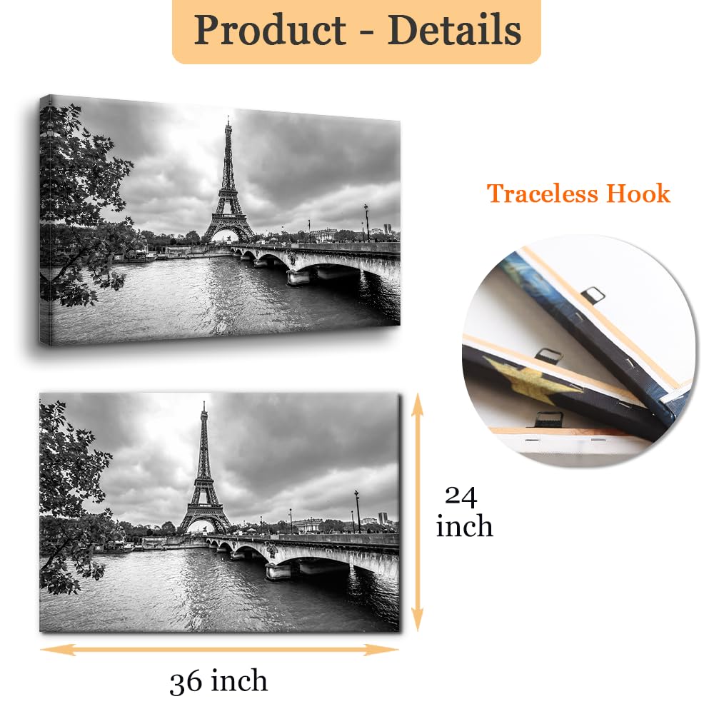 Black and White Canvas Wall Decor Paris Eiffel Tower from Seine Pictures Painting Decor France Cityscape Framed