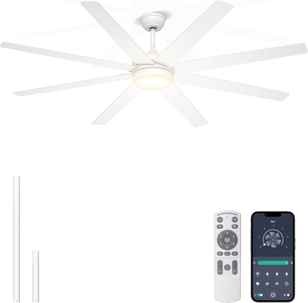 72 Inch Large Ceiling Fans with Lights, 8 Blades White Ceiling Fan Remote/APP Control, Dimmable