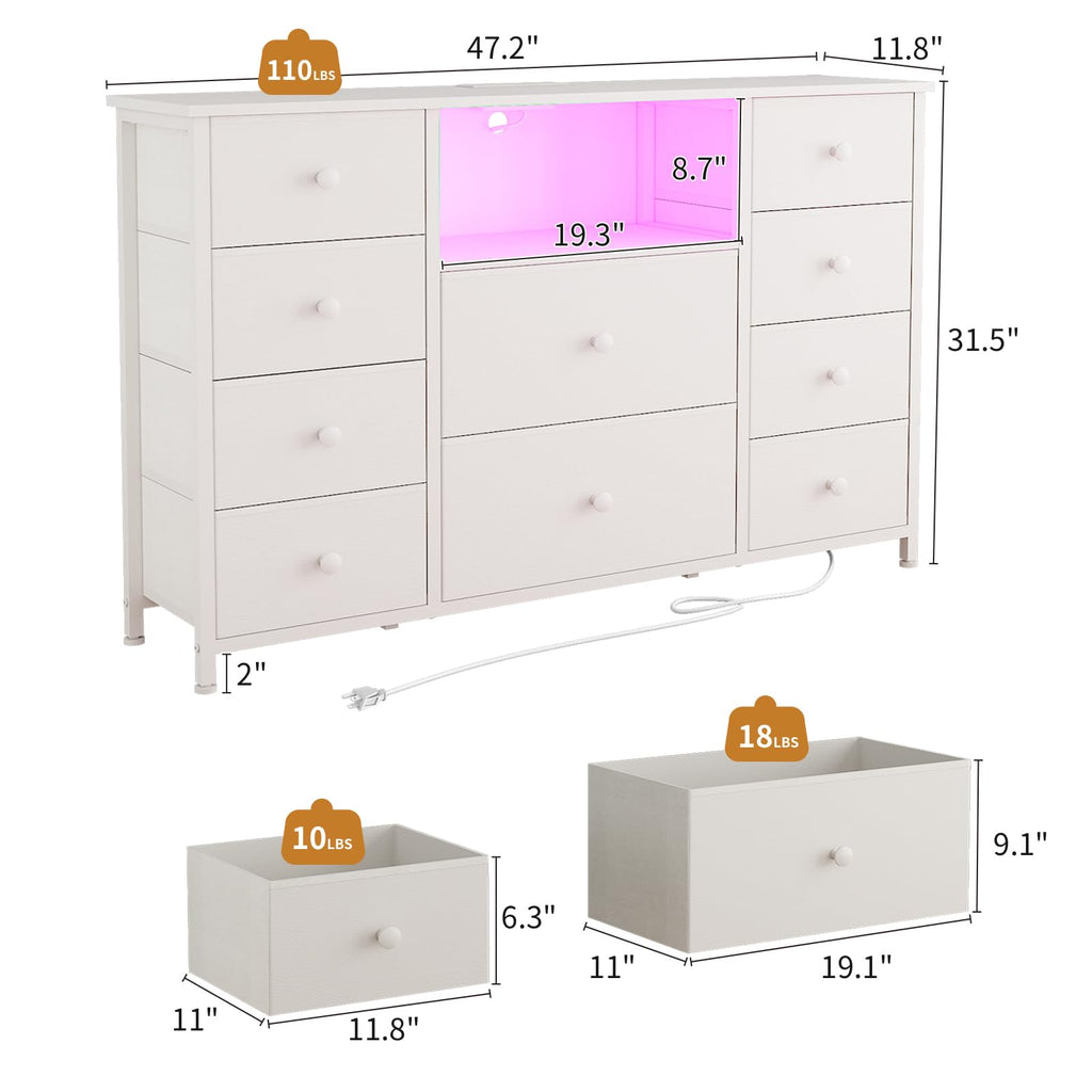Dresser with Charging Station and LED Lights, White Dresser