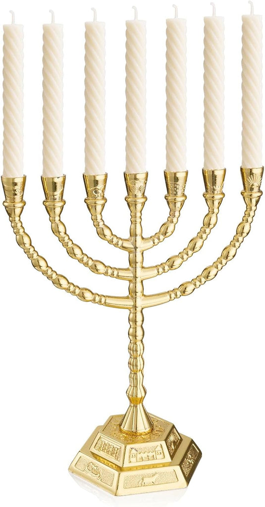 Large 7 Branch Hanukkah Gold Plated Jewish Menorahs Candle Holder